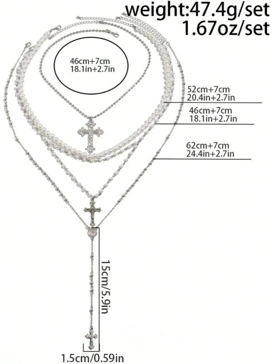 Silver Layered Cross Necklace Set For Women, 4Pcs Pearl Rosary Choker Chunky Chr - Picture 7 of 8